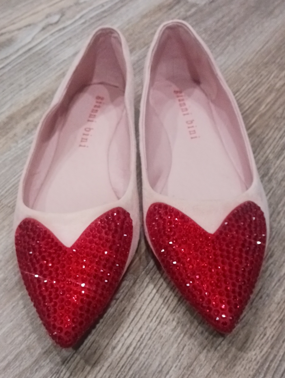 Pink Flats with Red Rhinestone Heart Accents